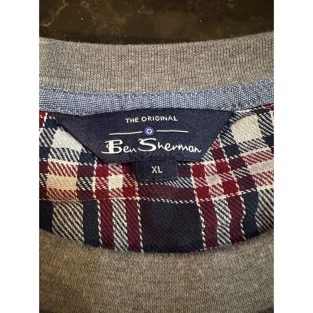 Ben Sherman Mens Gray Long Sleeve Crewneck Sweater XL Elbow Patches Plaid Collar